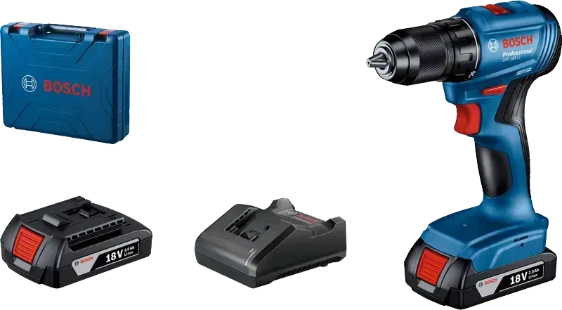 18 V cordless drill in case with batteries and charger